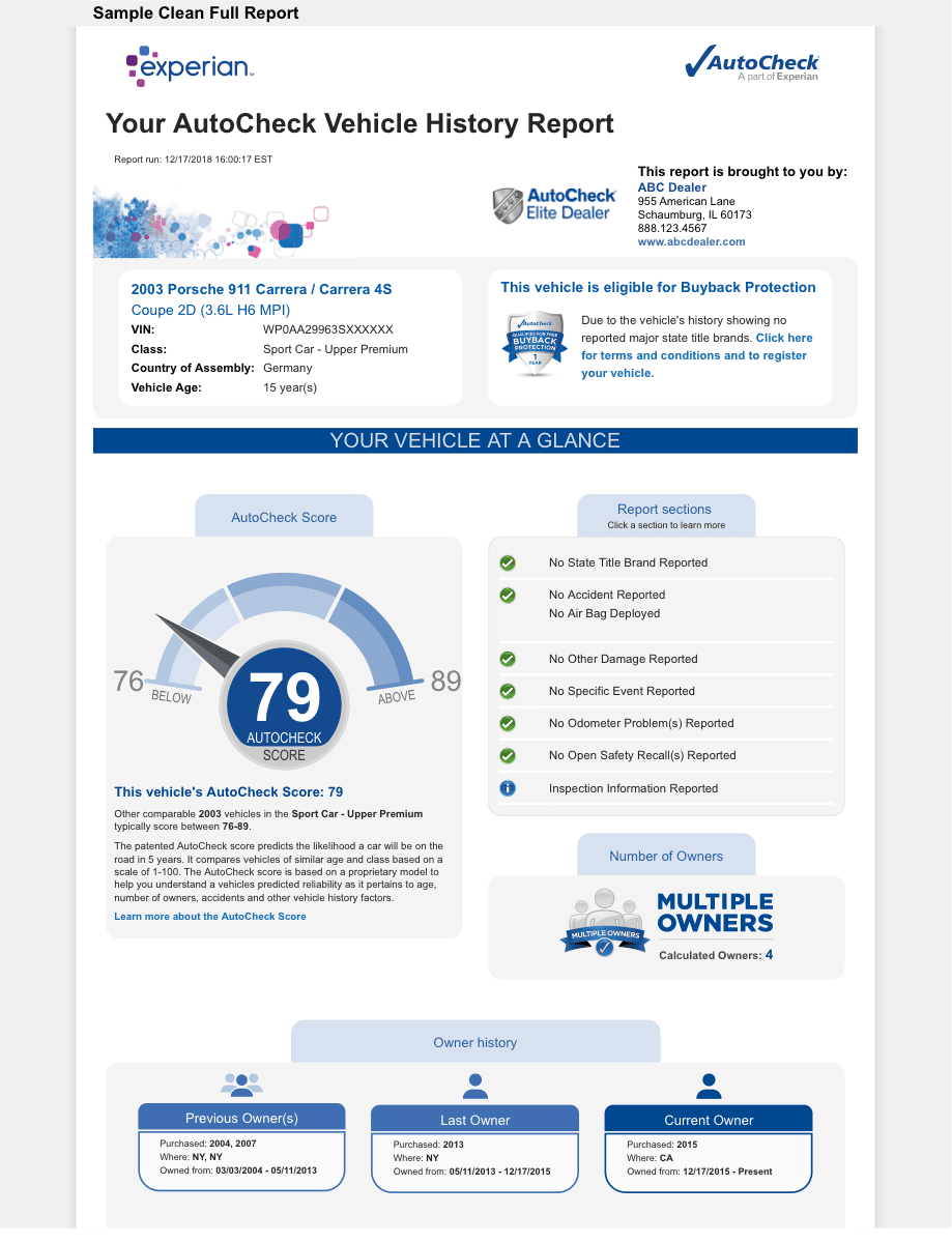 Sample AutoCheck vehicle history report showing score and timeline