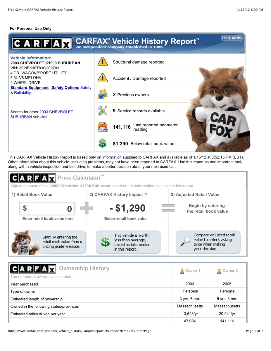 Sample Carfax vehicle history report showing chronological timeline
