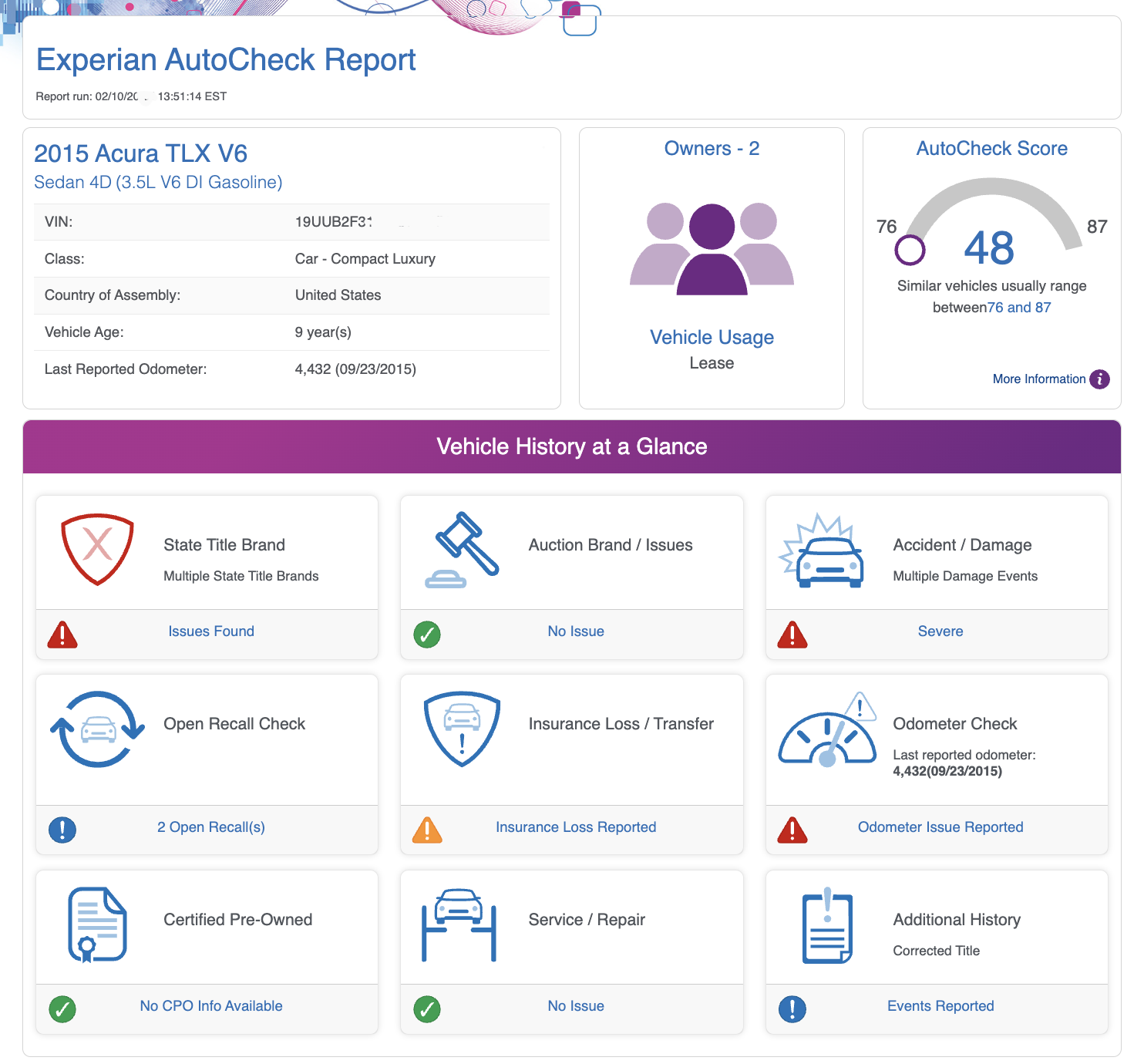 AutoCheck VIN report screenshot