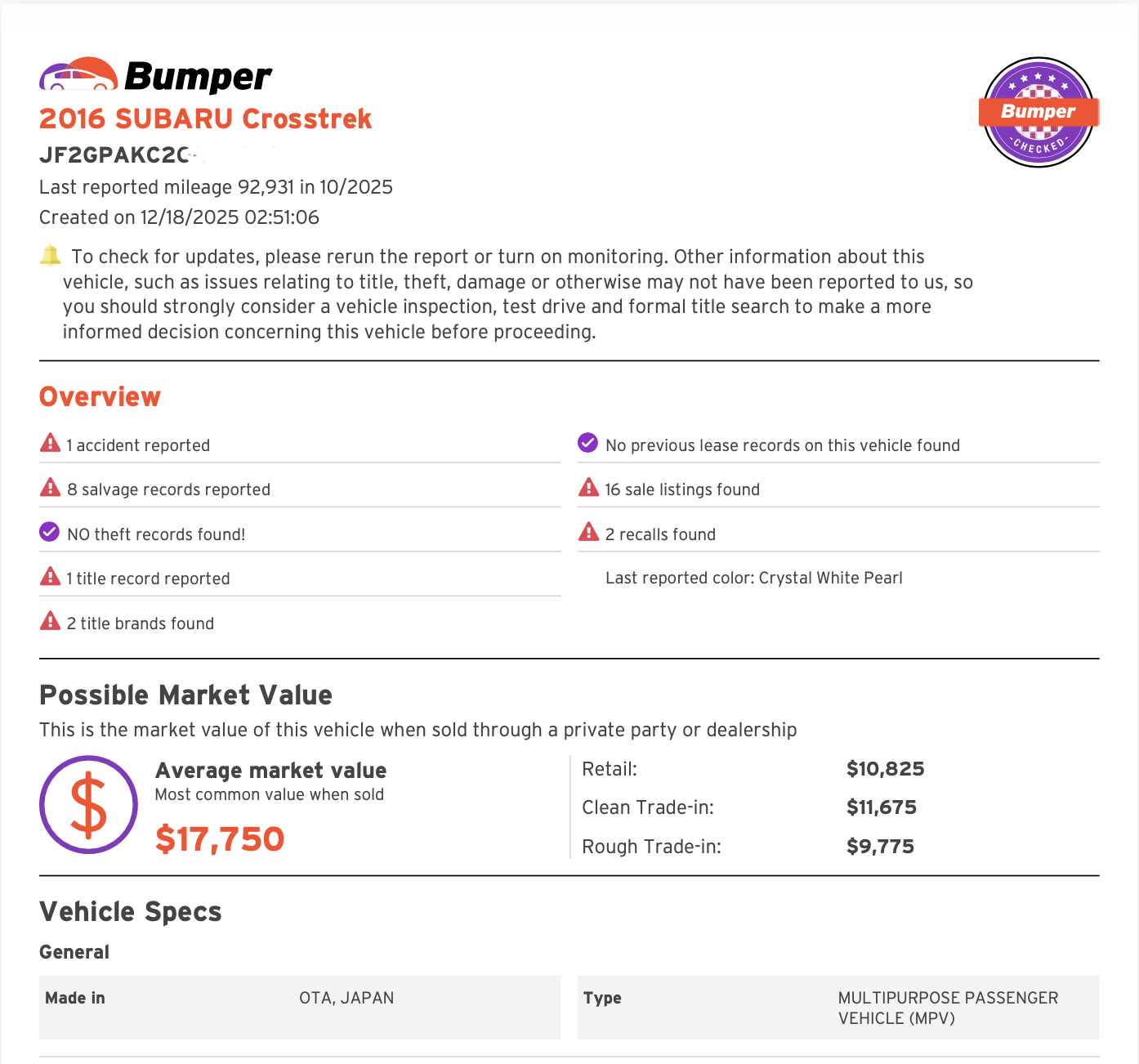 Bumper VIN report screenshot