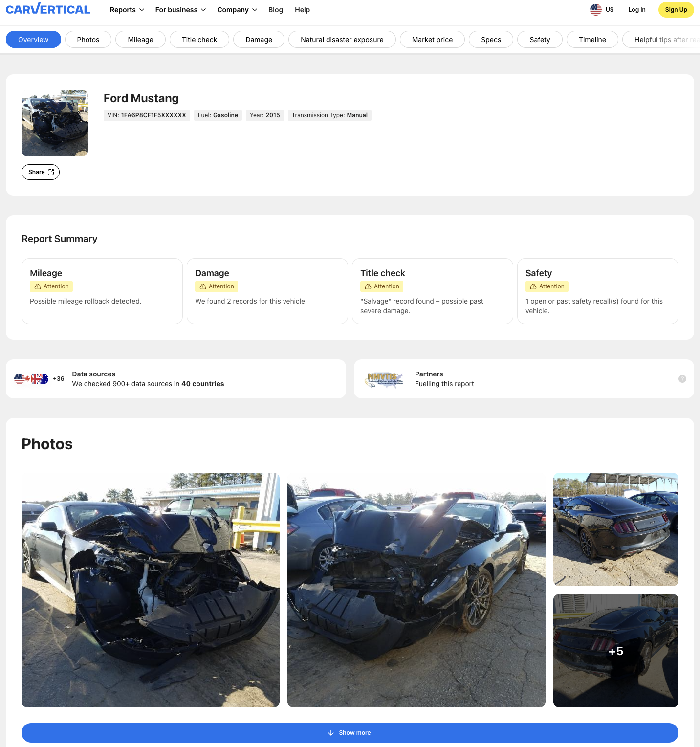 carVertical VIN report screenshot