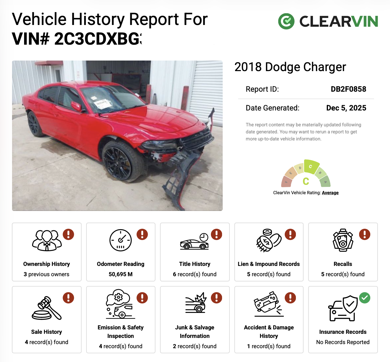 ClearVIN VIN report screenshot