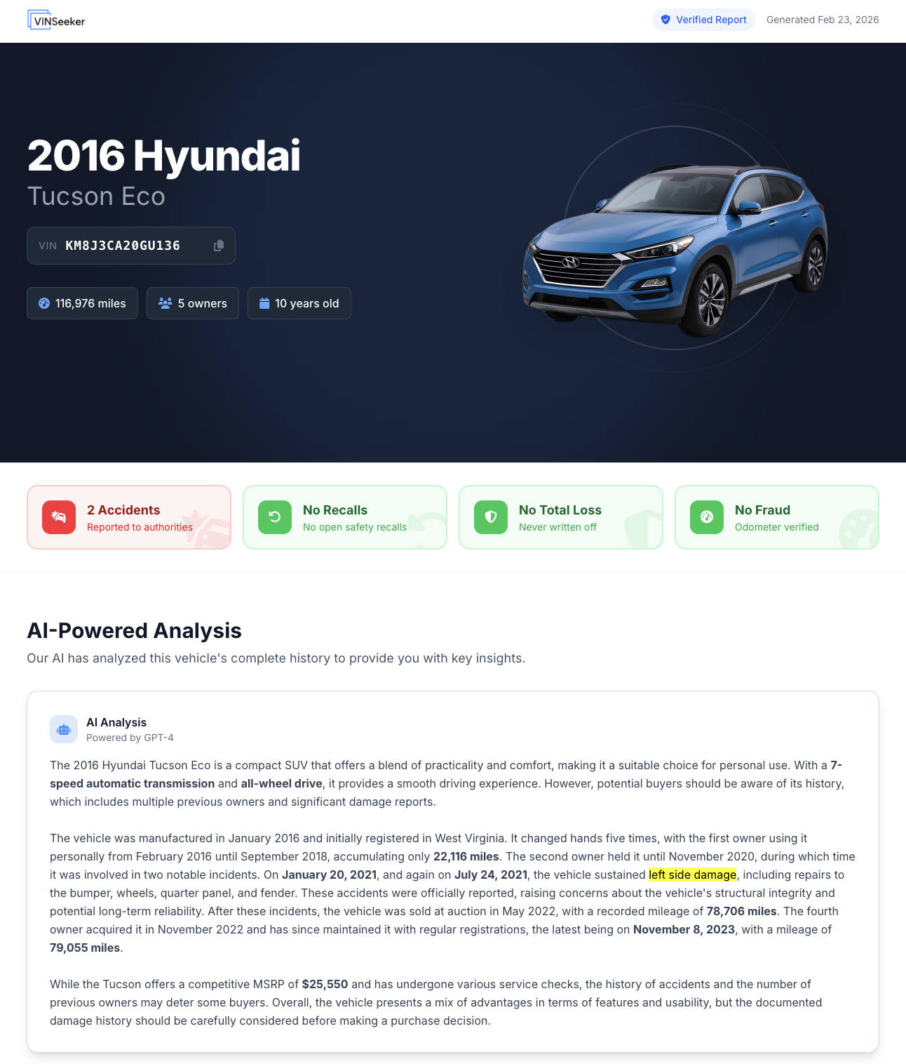 VinSeeker VIN report screenshot