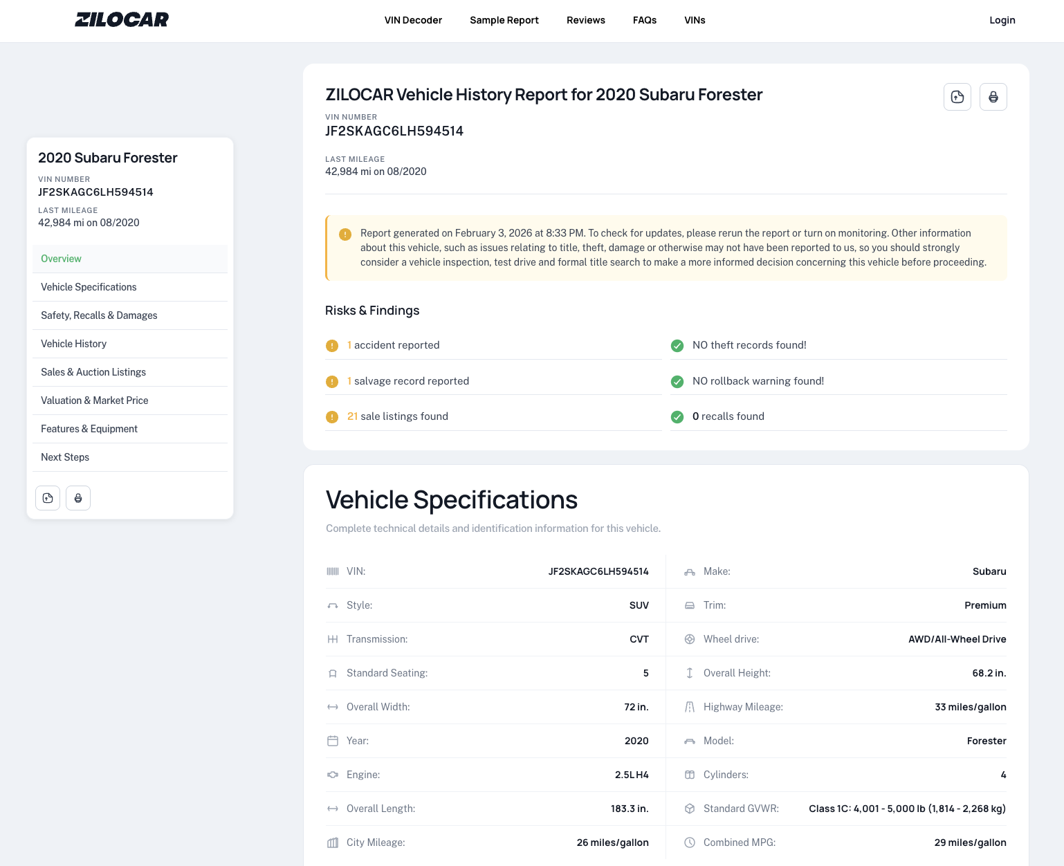 Zilocar VIN report screenshot
