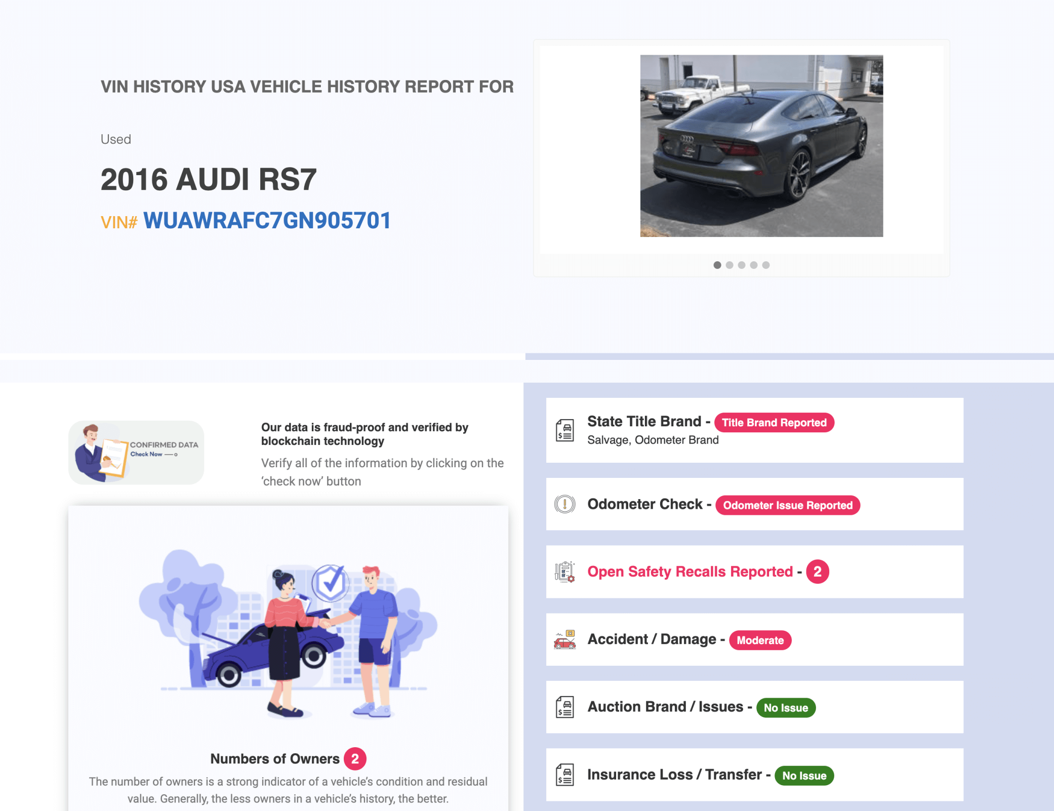 Sample VINHistoryUSA vehicle history report